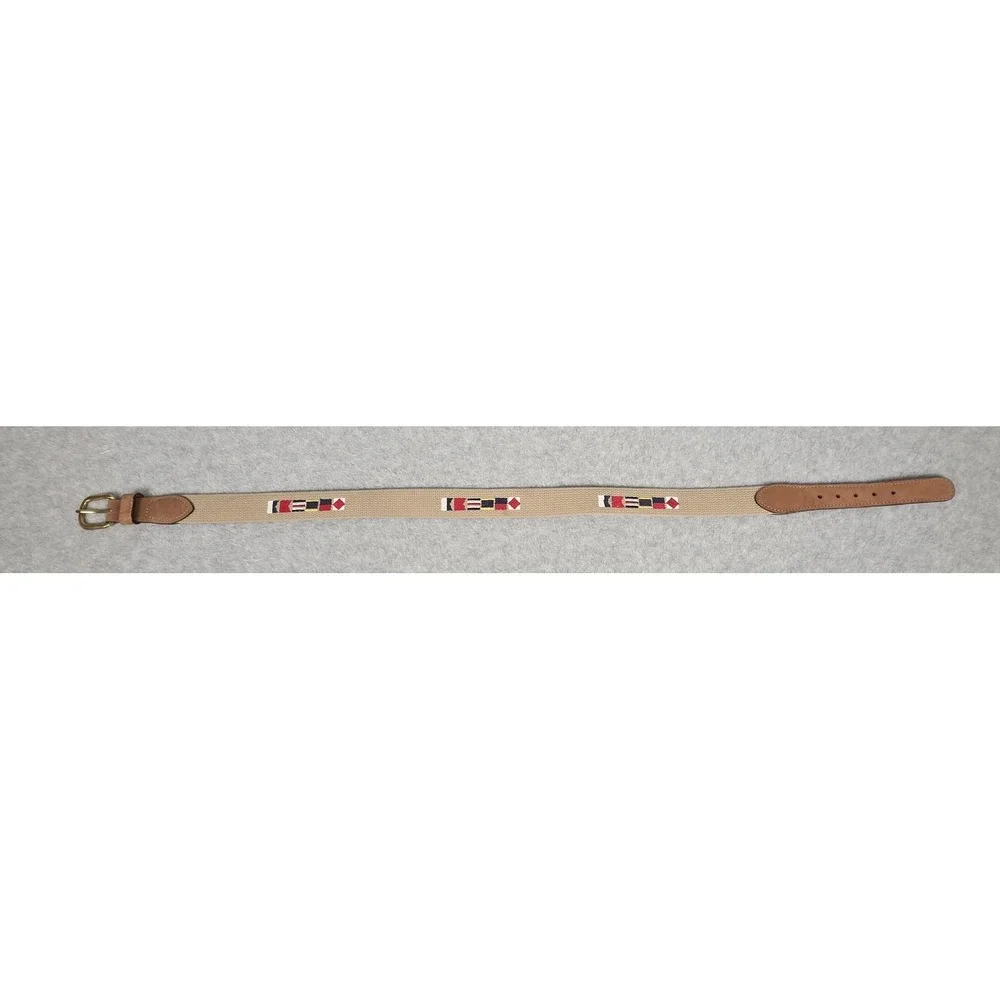 Zeppelin Belt Mens 32 Tan Canvas Leather Brass Buckle Nautical Flag Made USA‎